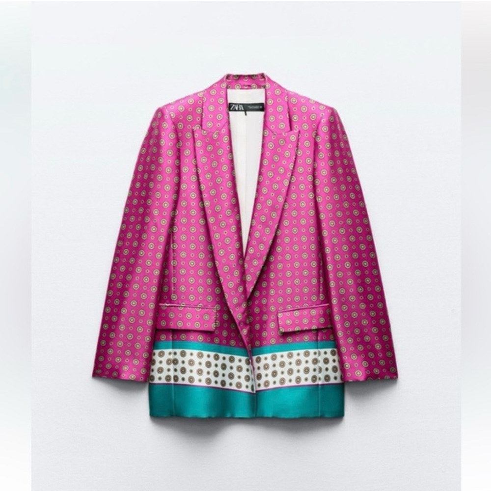 Zara Fuchsia + Teal Scarf Style Patterned Blazer